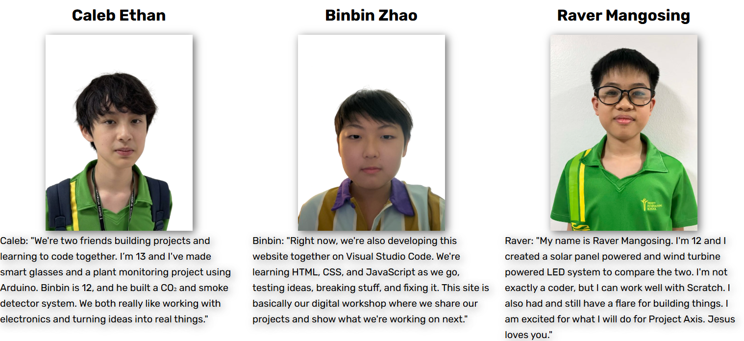 Project Axis team members Caleb, Binbin, and Raver